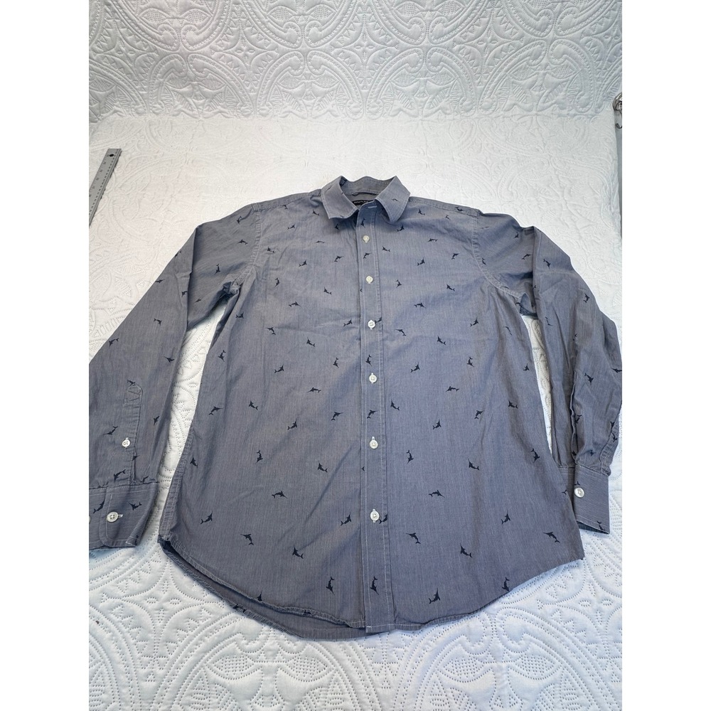Banana Republic Mens Shark Print Micro Stripe Cotton Button Down Shirt Blue M
